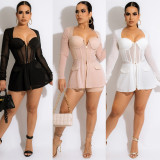 Fashion Sexy Mesh See-Through Square Neck Stitching Long Sleeve Two-piece Set