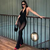 Solid Color Halter Sexy V-Neck Mesh Panel Bodysuit