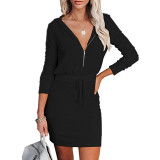 Women's Solid Zip Long Sleeve Hooded Tunic Dress