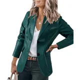Temperament Slim Lapel Single Breasted Solid Color PU Leather Long Sleeve Top