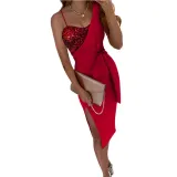 Women's Solid Color Sexy Sequin Slit Skirt Belt One Shoulder Evening Dress Nightclub Skirt