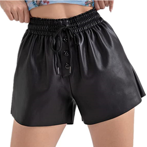 Women's Shorts Casual Loose Drawstring Four Seasons Wear PU Elastic Leather Pants