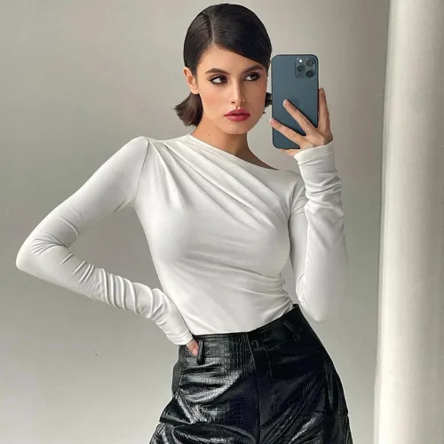 One-shoulder pleated basic bottoming long-sleeved autumn fashion women's temperament commuter slim top