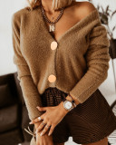 Solid Color Body Loose Metal Button Furry Cardigan Women's Top