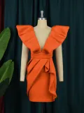 Sexy V Neck Roll Ruffle Sleeves Irregular Banquet Party Short Evening Dress