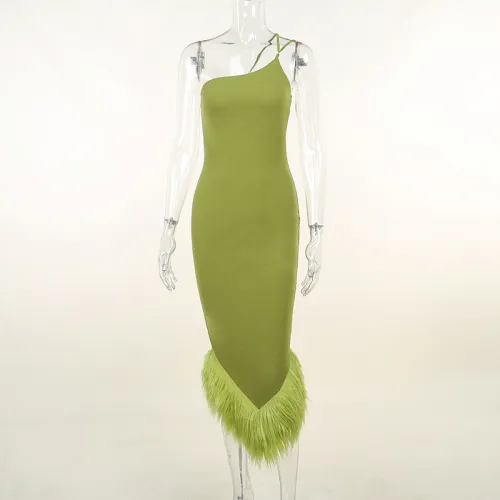 One-shoulder halterneck fur hem dress autumn sexy women's temperament commuter slim dress