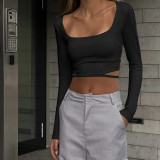 Waist Cutout Top Sexy Women's Short Slim Fit Long Sleeve Cropped Navel T-Shirt Bottoming Shirt