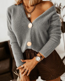 Solid Color Body Loose Metal Button Furry Cardigan Women's Top