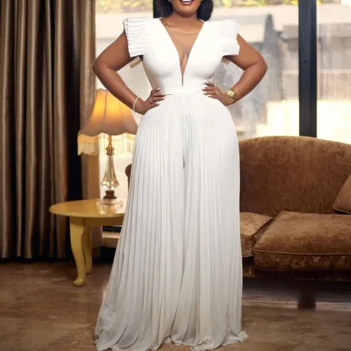 Sexy mesh stitching solid color high waist wide leg jumpsuit