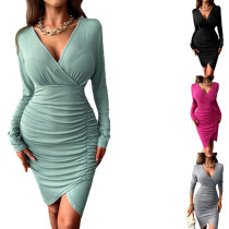 Sexy waist and slim bag hip dress women's winter solid color long-sleeved skirt