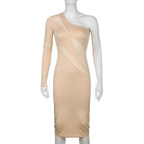 Mesh stitching one-shoulder long-sleeved tight-fitting hip sexy temperament one-piece dress