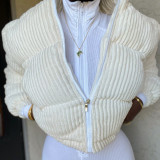 Fashion Solid Color Cardigan Striped Stand Collar Warm Casual Cotton Clothes