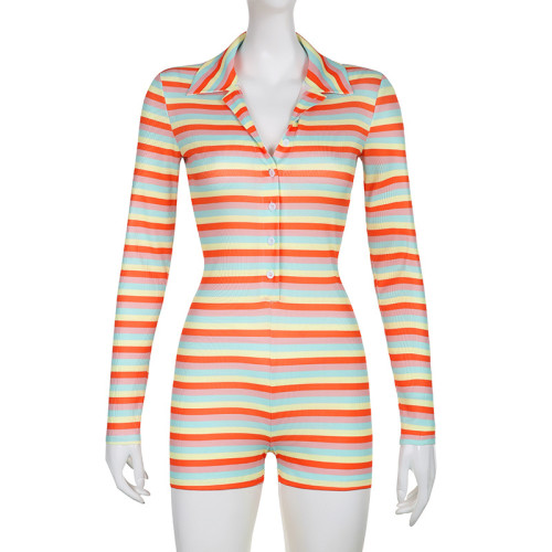 Colorful Striped Ribbed Print Lapel Buttoned Skinny Casual Playsuit