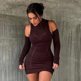 Knitted women's autumn dress sexy perspective tight round neck stitching long-sleeved hip skirt