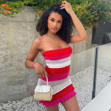 Fashion sexy hot girl striped contrast color stitching one word neck tube top wool lace dress