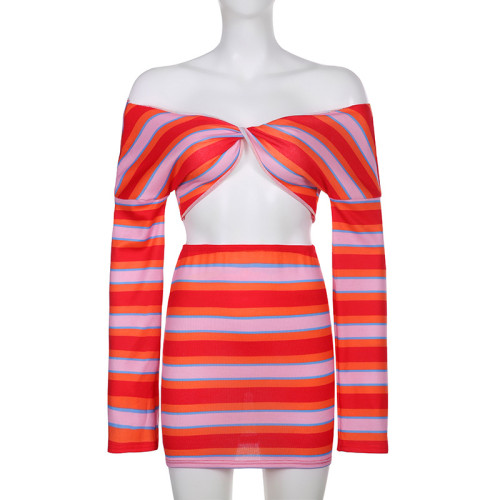 Striped Knit Contrast Color Twist Crop Top Cover Hip Skirt Set