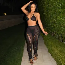 Sexy sleeveless vest, suspender top, splicing mesh strap, Pants Set
