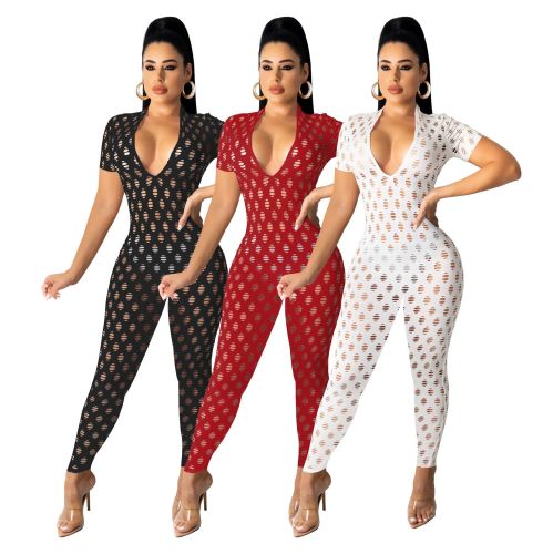 Solid Color Cutout Hole V-Neck Short Sleeve Jumpsuit