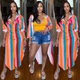Women's Colorful Print Striped Button Pocket Dress
