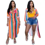 Women's Colorful Print Striped Button Pocket Dress