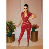 Solid Color Cutout Hole V-Neck Short Sleeve Jumpsuit