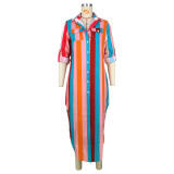 Women's Colorful Print Striped Button Pocket Dress