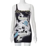 Skull print sexy suspender dress tight Hip Wrap Skirt