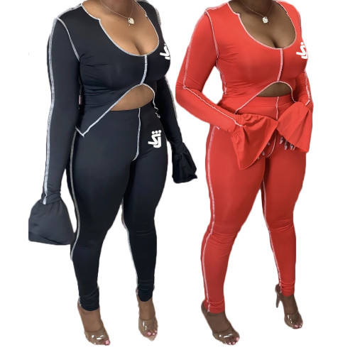 Plus Size Women's Personality Long Sleeve Line Sports Suit