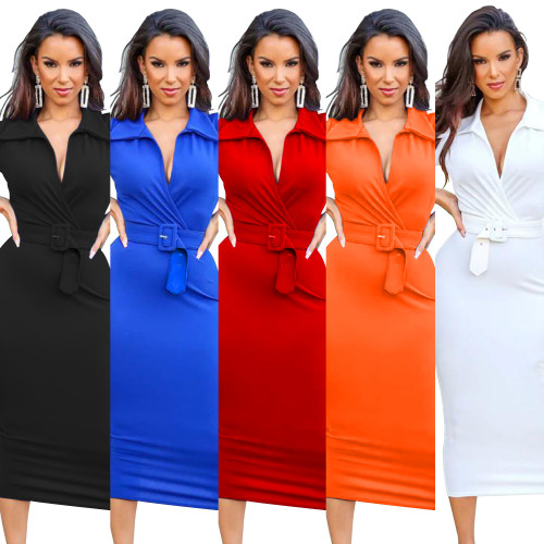 Fashion Women Belt Solid Color Collar Mid Sleeve Midi Dress