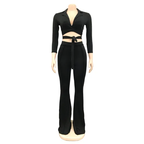 Fashion Women's Solid Color Mid Sleeve Trousers Collar Shirt Two Piece Set