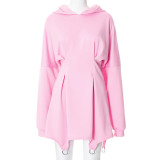 Solid Color Casual Hooded Long Sleeve Pleated Slim Short Dress