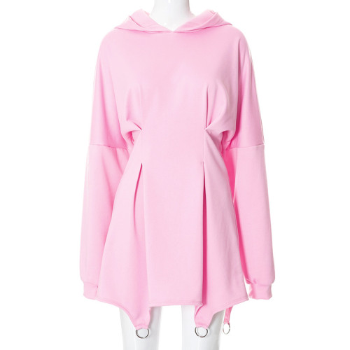 Solid Color Casual Hooded Long Sleeve Pleated Slim Short Dress
