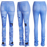 Women's Fashion Denim Print Pleated Pants