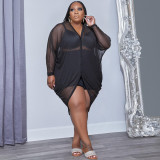 Plus Size Women's V-Neck Button Sexy Mesh Skirt See-Through Outer Dress