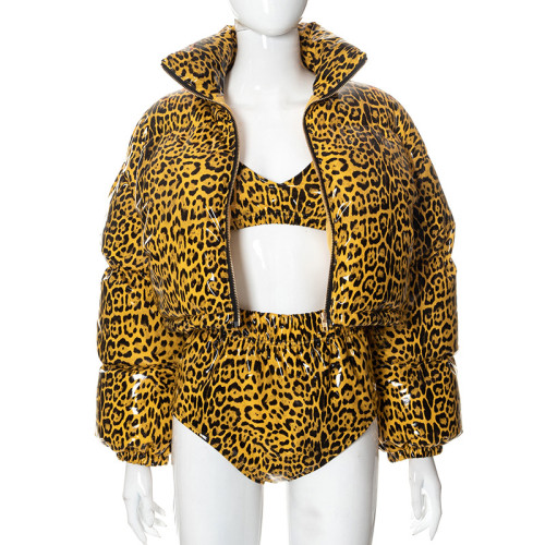 Fashion stand-up collar cardigan leopard print warm casual cotton clothes