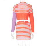 Long Sleeve Striped Sweater Skirt Two Piece Fashion Casual Suit