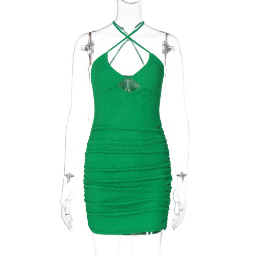 Fashion Cutout V-Neck Slim Fit Crinkle Slip Dress