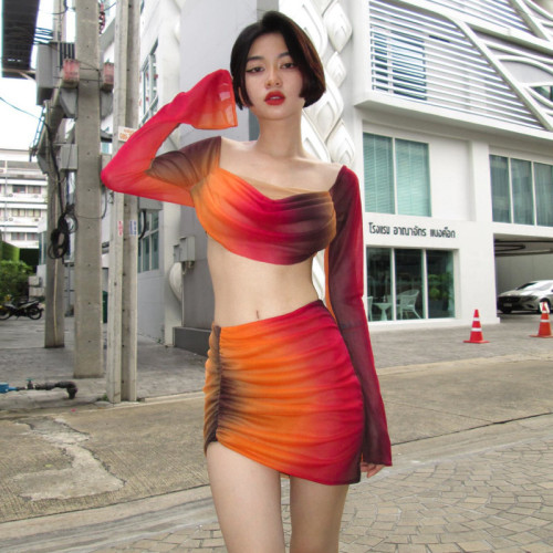 Tie Dye Long Sleeve Top Ruched Skirt Two Piece Fashion Set
