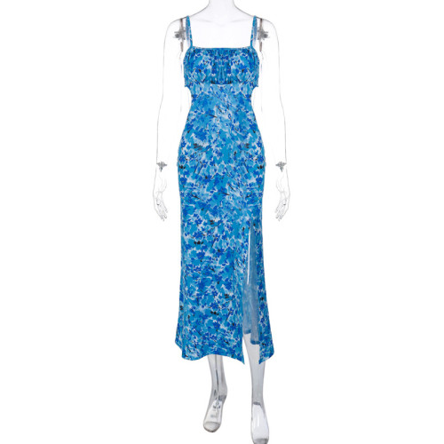 Fashion Floral Backless Lace-Up Slim Slit Sling Dress