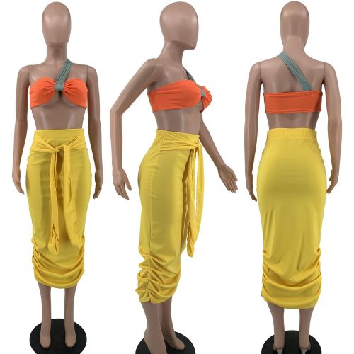 Tube top suspenders High waist pleated color matching skirt suit two-piece set