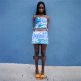 High Waist Low Cut Print Letter Contrast Color Wrap Top Casual Short Skirt Set