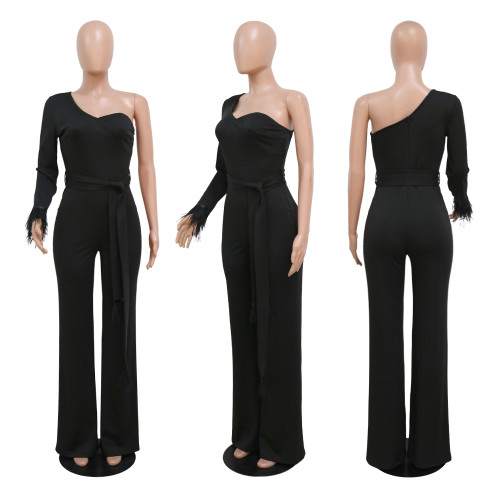 Fashion one shoulder long sleeve loose solid color Jumpsuit