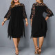 Plus Size Lace Panel Three Quarter Sleeve Irregular Hem Chiffon Dress