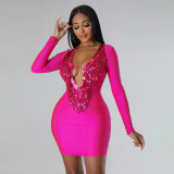 Beaded sling tassel A-shaped long sleeve dress high-end sexy open chest skirt in nightclub