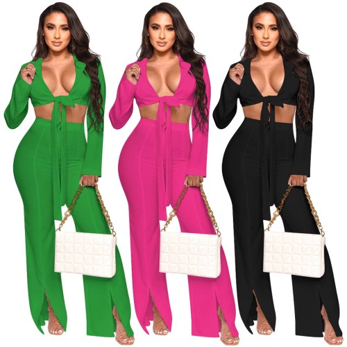 Sexy strap open waist slit pants two-piece set