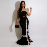 Sleeveless Strapless high slit stitched solid color dress fashion party evening dress