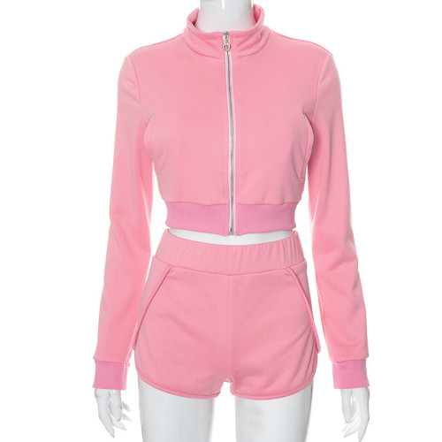 Solid color slim fit zipper stand collar top, hip lifting shorts, sports and leisure suit
