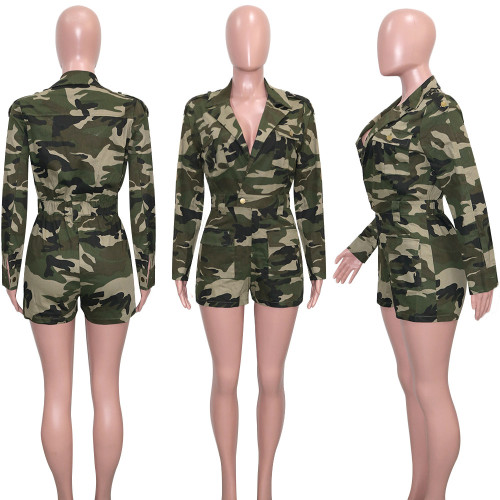 Camouflage print casual Lapel work style long sleeve Jumpsuit