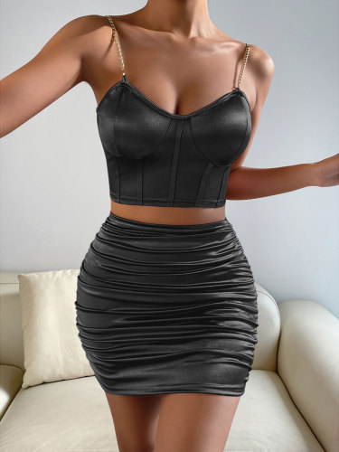 Women's Sexy Vest Two-Piece V-Neck Metal Sling Pack Hip Skirt