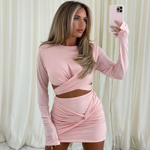 Solid Color Casual Tie Long Sleeve Top Twist Skirt Set